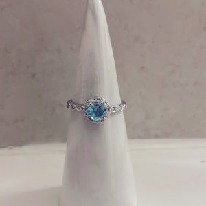 Light Blue Round Gemstone Crystal Halo Costume Jewelry Ring Size 8